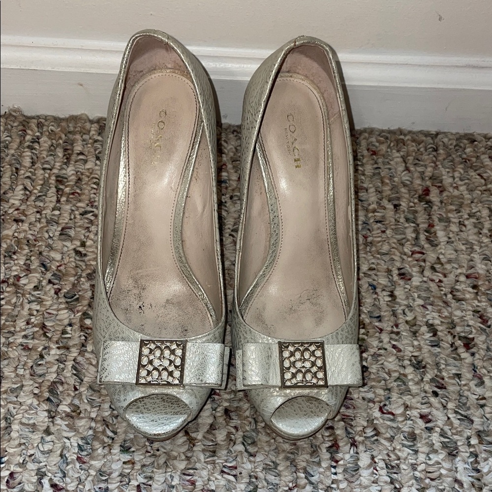Coach Metallic Silver Peep Toe Heels with Embellished Bow